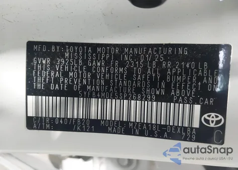 2025 Toyota Corolla Le z USA, uszkodzony, nr VIN 5YFB4MDE5SP268299